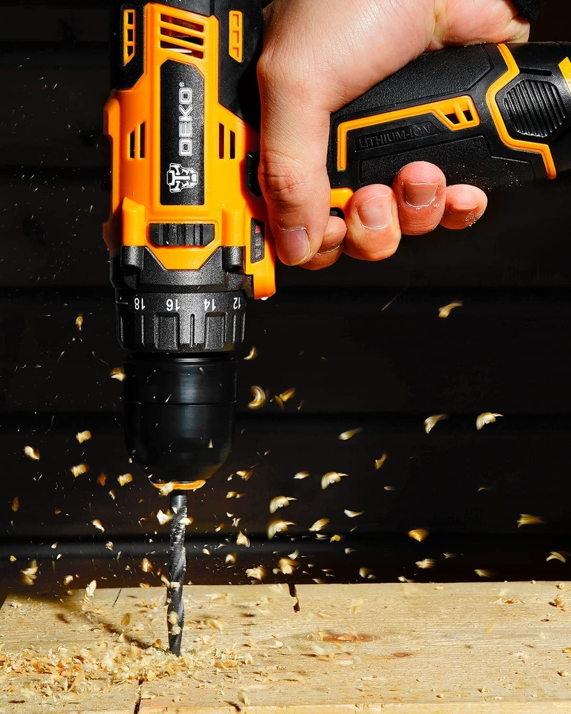 DEKO TOOLS 12V CORDLESS IMPACT DRILL, Rated Torque: 28N.m Torque Settings: 18+3 No Load Speed: 0-350/0-1350.