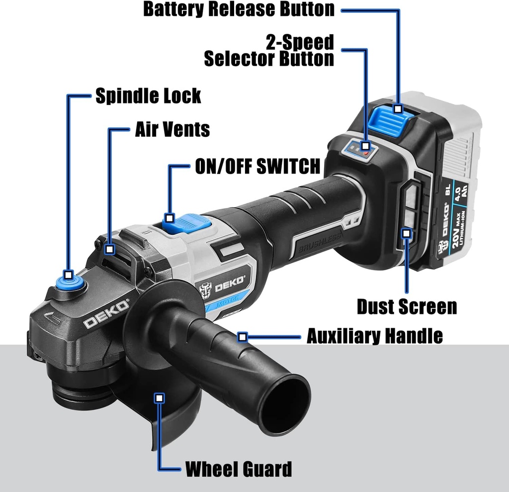 DEKOPRO 20V 115mm BRUSHLESS ANGLE GRINDER + 20V BRUSHLESS ROTARY HAMMER + 1 pc  2Ah battery+1 pc 4Ah battery + fast charger + bag