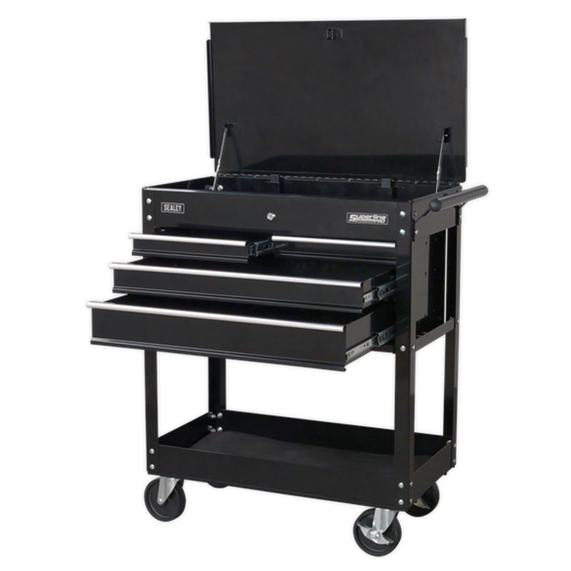 HD Mobile Tool/Parts Trolley 4 Drawer + Lockable Top - Black