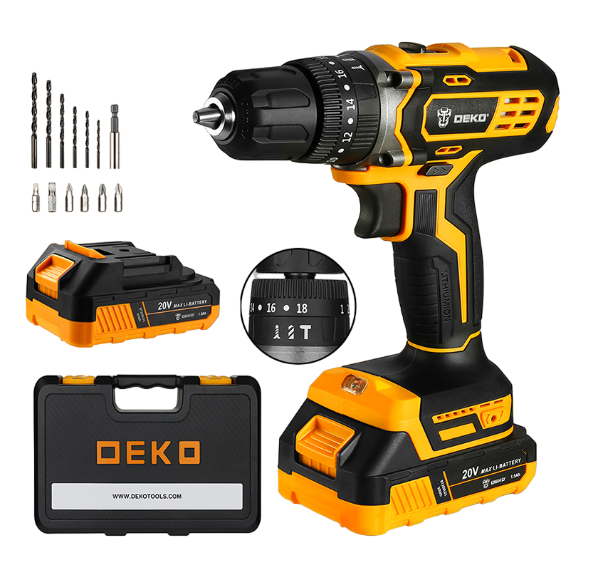 DEKO 20V Cordless Impact Drill With
2pc 2.0Ah Lithium-Ion Battery & 1pc Charger in DEKO Tools case
