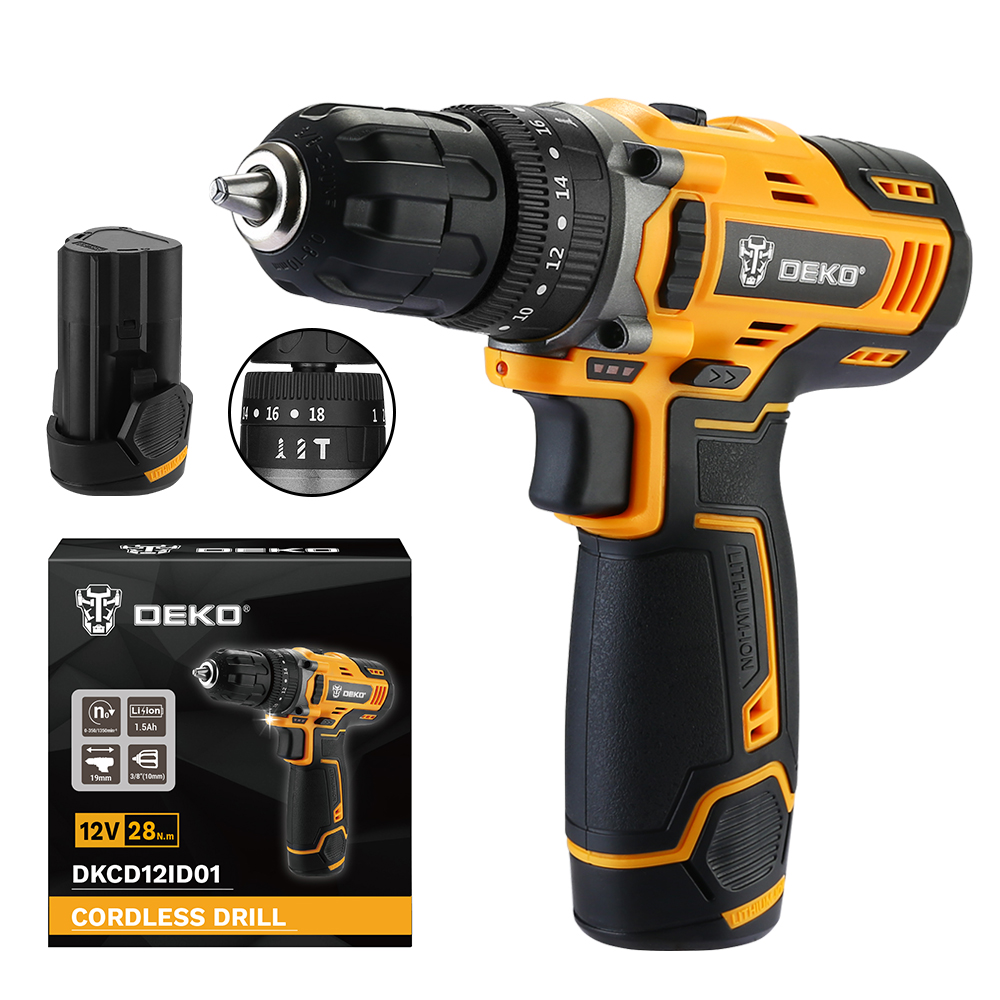 DEKO Tools 12V Cordless Impact Drill with 2pc1.5Ah Battery & Charger
