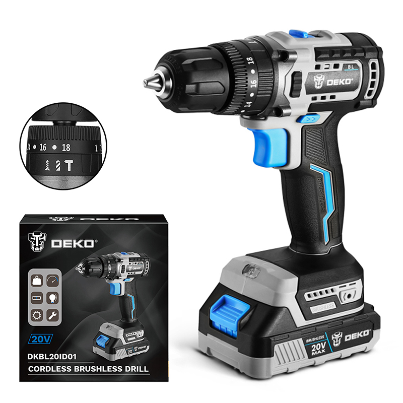 DEKO Tools Brushless Impact Drill with1 pc 2.0Ah Lithium-ion Battery and 1 pc Charger