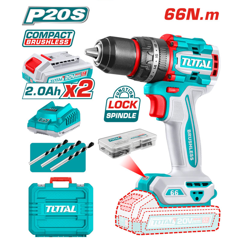TOTAL TDLI20668 Compact Brushless Cordless Drill Set – 20V, 66Nm