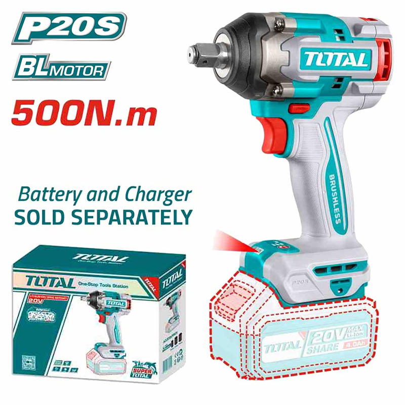 TOTAL TIWLI20501 Brushless Cordless Impact Wrench – 20V, 500Nm | Tool Only