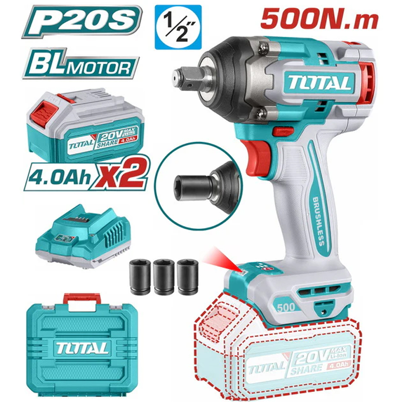 TOTAL TIWLI2050 Brushless Cordless Impact Wrench Set – 20V, 500Nm