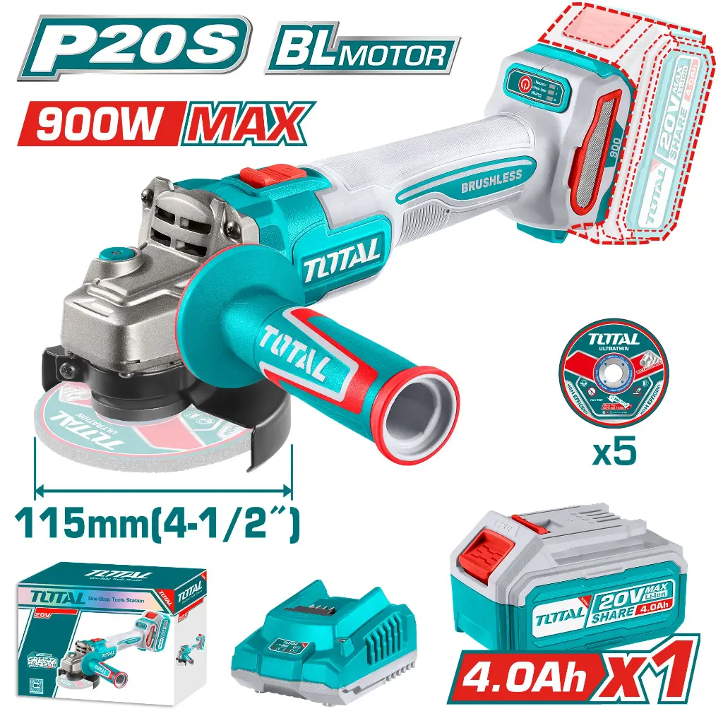 TOTAL TAGLI261521 Industrial Brushless Cordless Angle Grinder Kit – 20V, 115mm, 900W