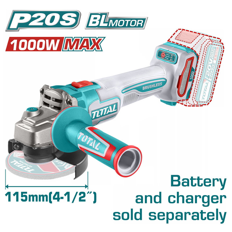 TOTAL TAGLI27153 Industrial Brushless Cordless Angle Grinder – 20V, 115mm, 1000W | Tool Only