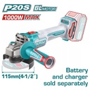TOTAL TAGLI27153 Industrial Brushless Cordless Angle Grinder – 20V, 115mm, 1000W | Tool Only