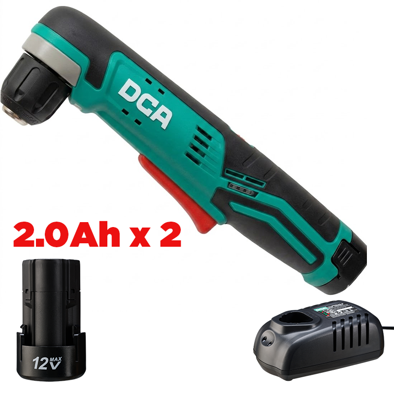 DCA Tools 12V Cordless Right Angle Driver Drill  with 2*2.0 Batteries + charger