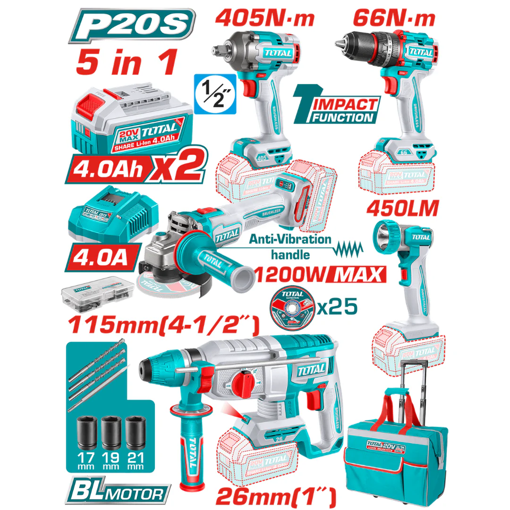 TOTAL TCKLI20595 5-Piece Industrial Brushless Cordless Combo Kit – 20V