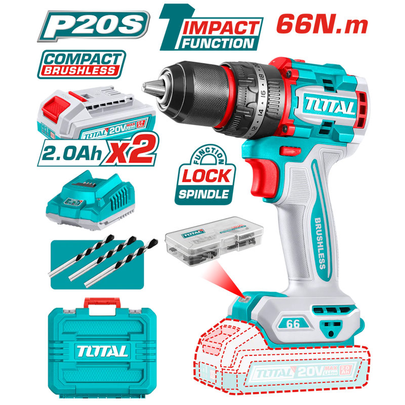 TOTAL TIDLI20668 Compact Brushless Cordless Impact Drill Kit – 20V, 66Nm