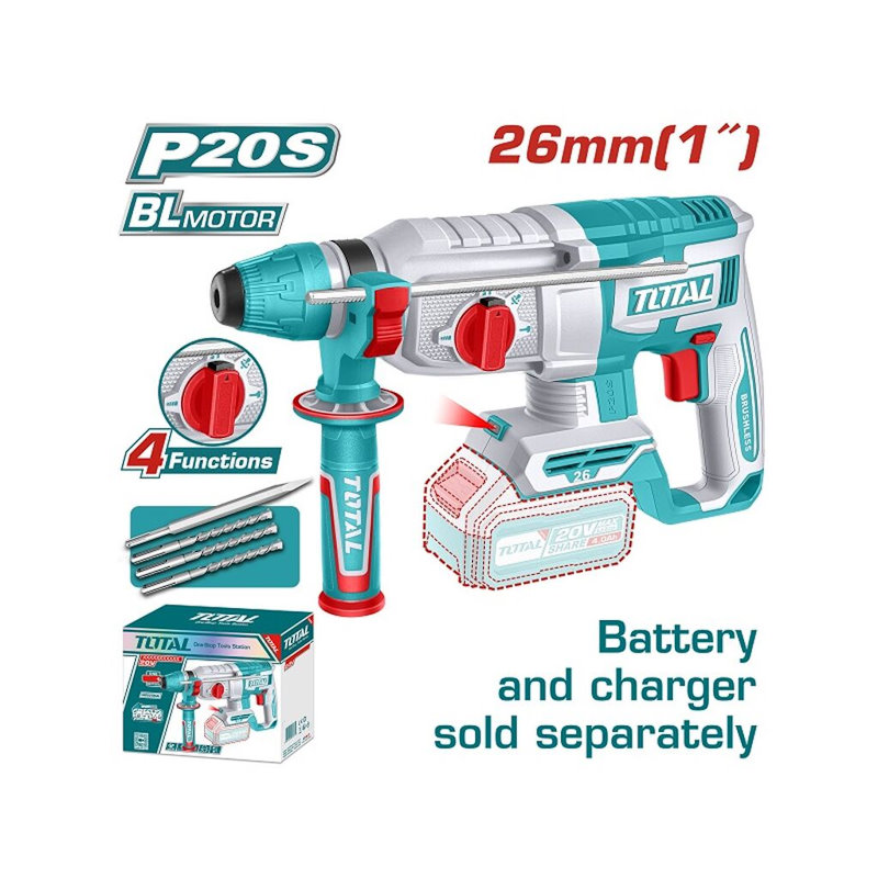 TOTAL TRHLI26208 Industrial Brushless Cordless Rotary Hammer – 20V, 2.5J, 26mm | Tool Only