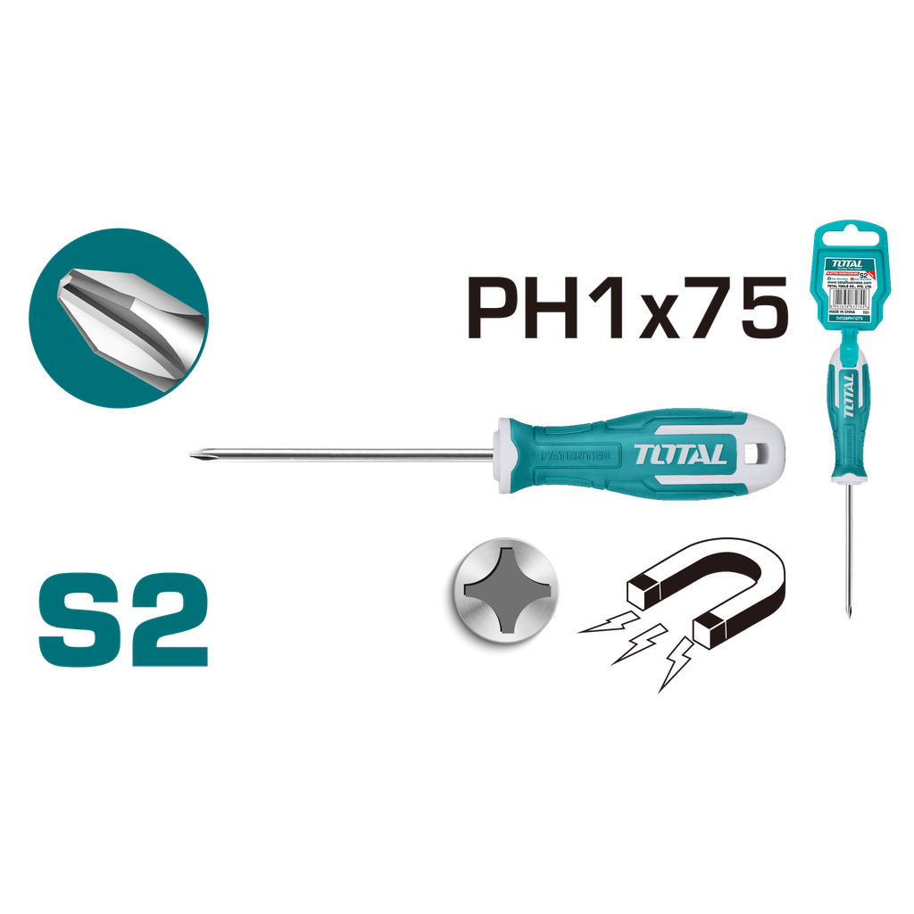 Screwdriver 75mm Phillips Magnetic S2 PH1, TOTAL TOOLS