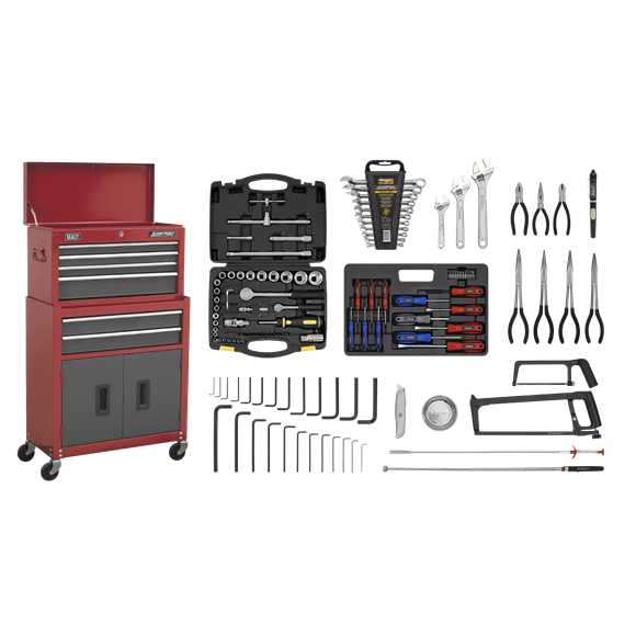 Topchest & Rollcab Combo 6 Drawer-Red/Grey & 128pc Tool Kit, SEALEY UK