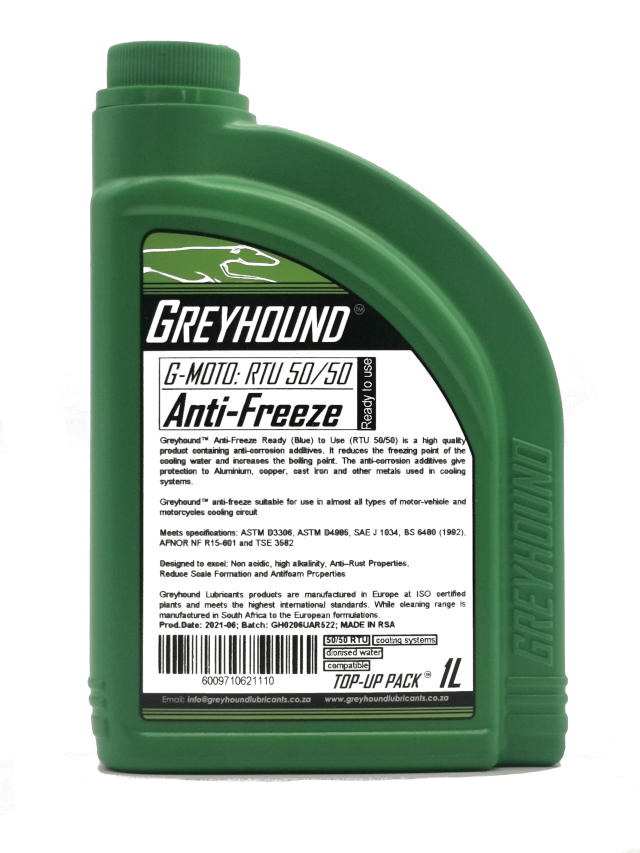 1L Greyhound Lubricant G-Moto RTU 50/50 Anti Freeze Coolant For passenger cars, SUVs, light commercial and heavy-duty vehicles.