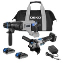 DEKO Tools 20 V Combo of Cordless and
Brushless 115mm Angle Grinder and Rotary Hammer with 2 pc 2.0Ah Lithium-ion
Battery and 1 pc Charger in a DEKO Tools Bag.