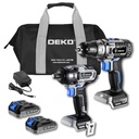 DEKO Tools 20 V Combo of Cordless and
Brushless Wrench Tool and Drill with 2 pc 2.0Ah Lithium-ion Battery and 1 pc
Charger in a DEKO Tools Bag.