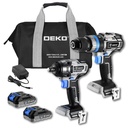 DEKO Tools 20 V Combo set of Cordless andBrushless Wrench Tool and Drill with 2 pc 2.0Ah Lithium-ion Battery and 1 pcCharger in a DEKO Tools Bag.