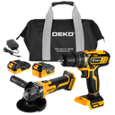 DEKO Tools 20V Combo of Cordless
Impact Drill and 115mm Angle Grinder with 1pc 2.0Ah and a 1pc 3.0Ah Lithium-Ion
Battery and 1 pc Charger - in Bag.